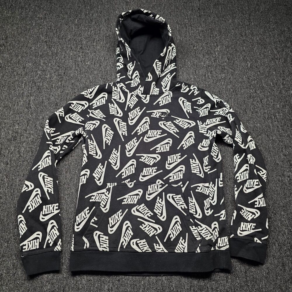 Nike Youth XL Black All Over Print Logo Hoodie Sweatshirt Pullover Boy Girl Kids